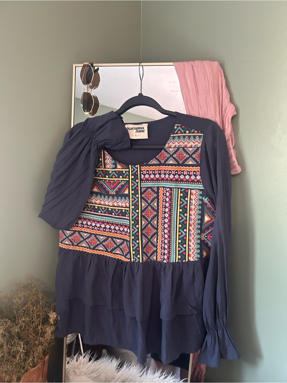 Savanna Jane Navy Peasant Top with Multicolor Embroidered Front